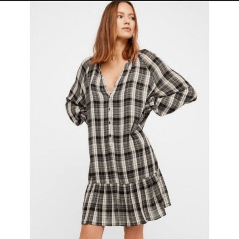 Free People Split V Neck Plaid Mini Shirt Dress Black Womens Size Medium